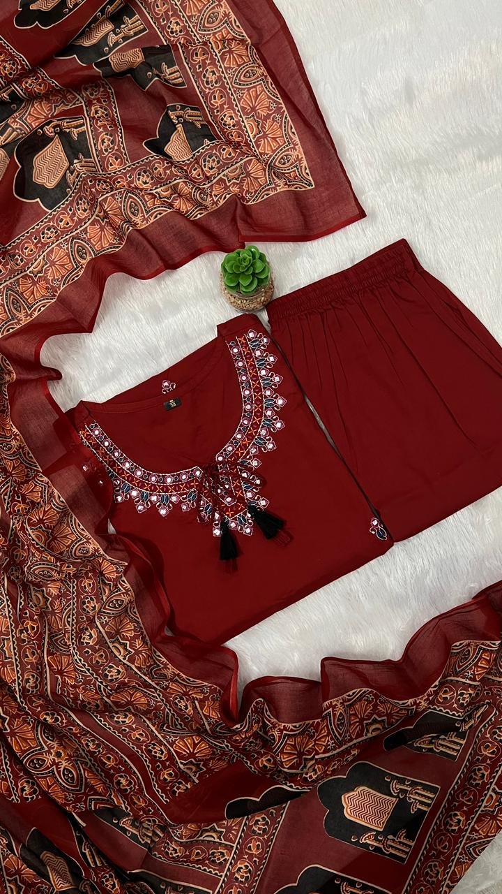Heavy Cotton Embroidered Kurti Pant Dupatta Set